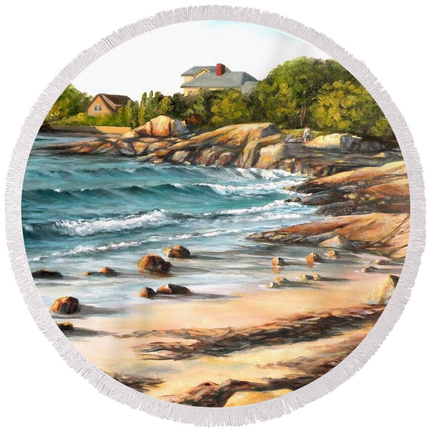 Lighthouse Beach Round Beach Towel featuring the painting Lighthouse Beach, Annisquam, MA by Eileen Patten Oliver