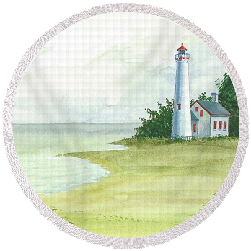 Print Round Beach Towel featuring the painting Lighthouse Before The Mist by Margaryta Yermolayeva