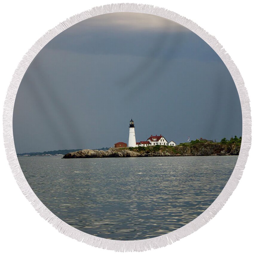 Portland Headlight Round Beach Towel featuring the pyrography Lighthouse before the storm by Annamaria Frost