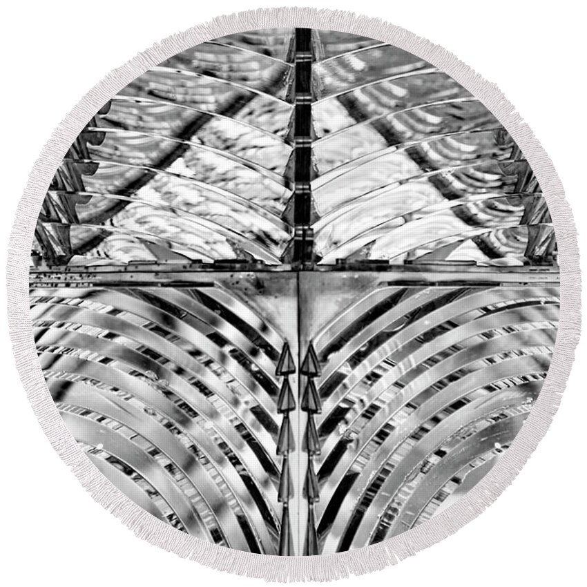 Black Round Beach Towel featuring the photograph Lighthouse Glass in Black and White by Carolyn Hutchins