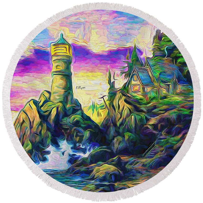 Paint Round Beach Towel featuring the painting Lighthouse on cliff by Nenad Vasic
