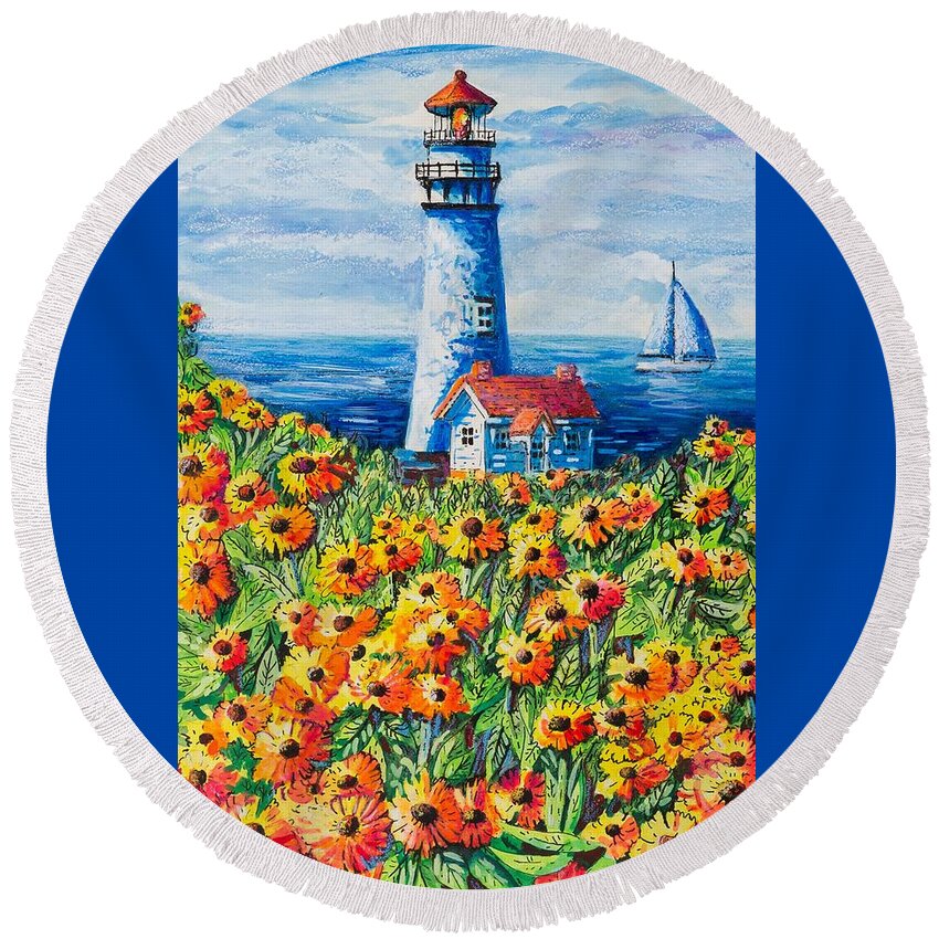 Lighthouse Round Beach Towel featuring the painting Lighthouse Vista by Diane Phalen