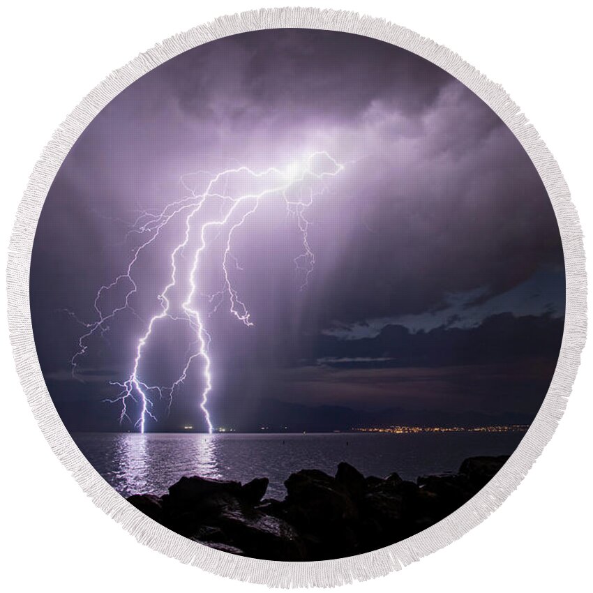 Storm Round Beach Towel featuring the photograph Lightning Man by Wesley Aston