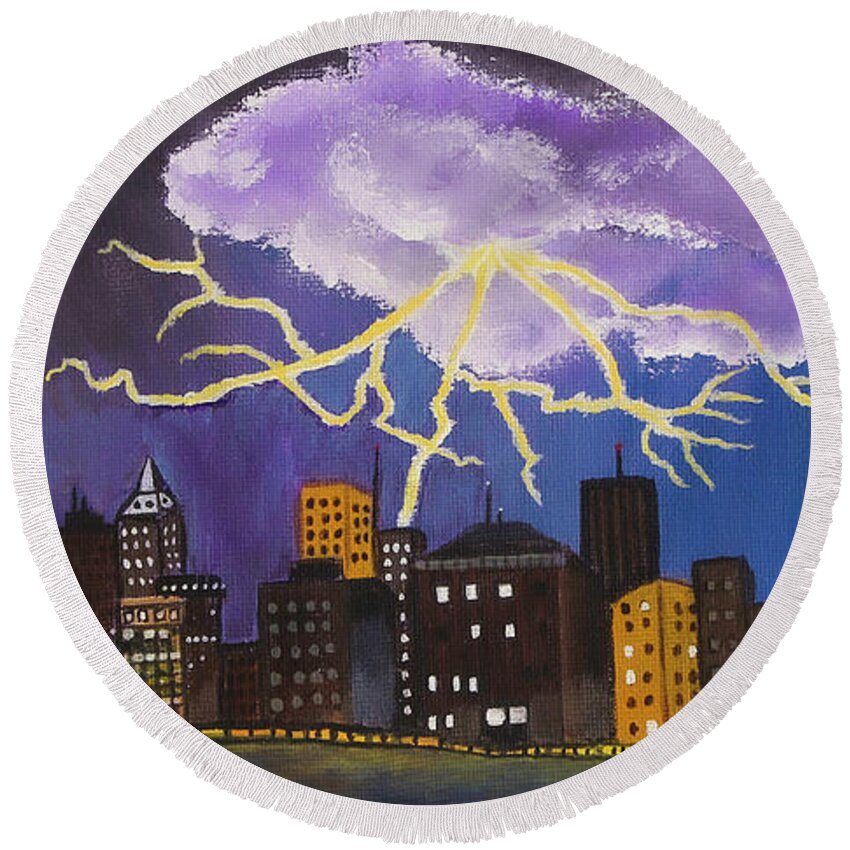 Lightning Round Beach Towel featuring the painting City Lightning by Shirley Dutchkowski