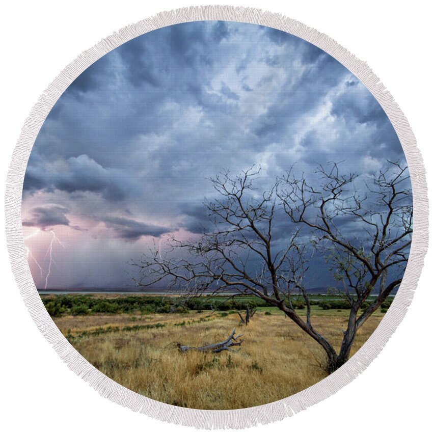 Storm Round Beach Towel featuring the photograph Lightning Strike with Tree by Wesley Aston