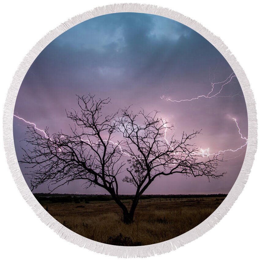 Storm Round Beach Towel featuring the photograph Lightning Tree by Wesley Aston