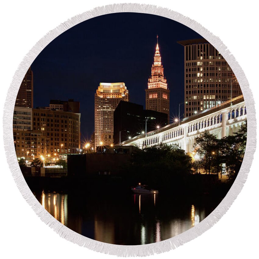Cleveland Ohio Round Beach Towel featuring the photograph Lights In Cleveland Ohio by Dale Kincaid