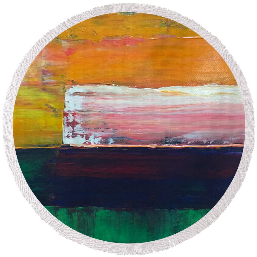 Positive Round Beach Towel featuring the painting Like a Speeding Train by Linda Bailey