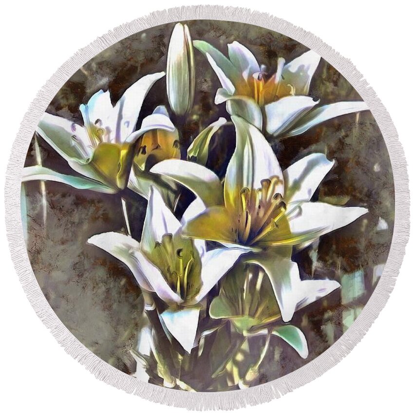 Lilies Round Beach Towel featuring the mixed media Lilies by Christopher Reed