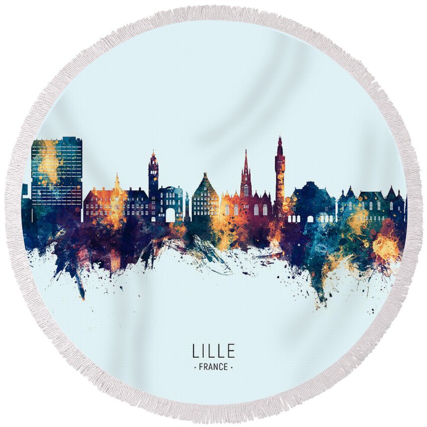 Lille Round Beach Towel featuring the digital art Lille France Skyline #71 by Michael Tompsett