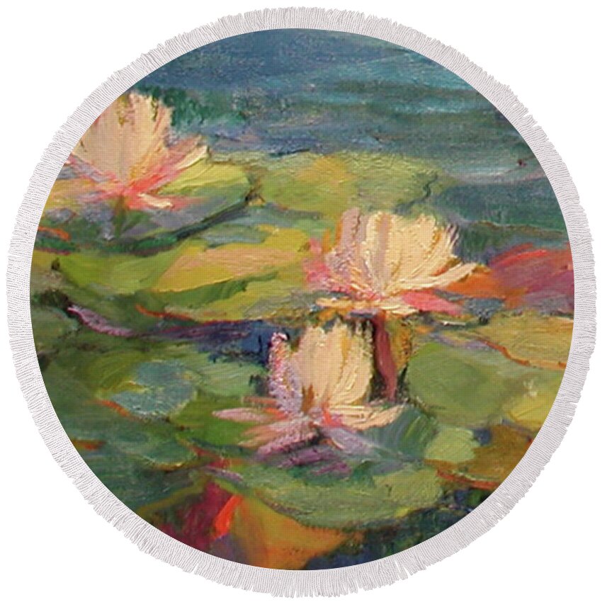 Lilies Round Beach Towel featuring the painting Lily Pad by Diane Leonard