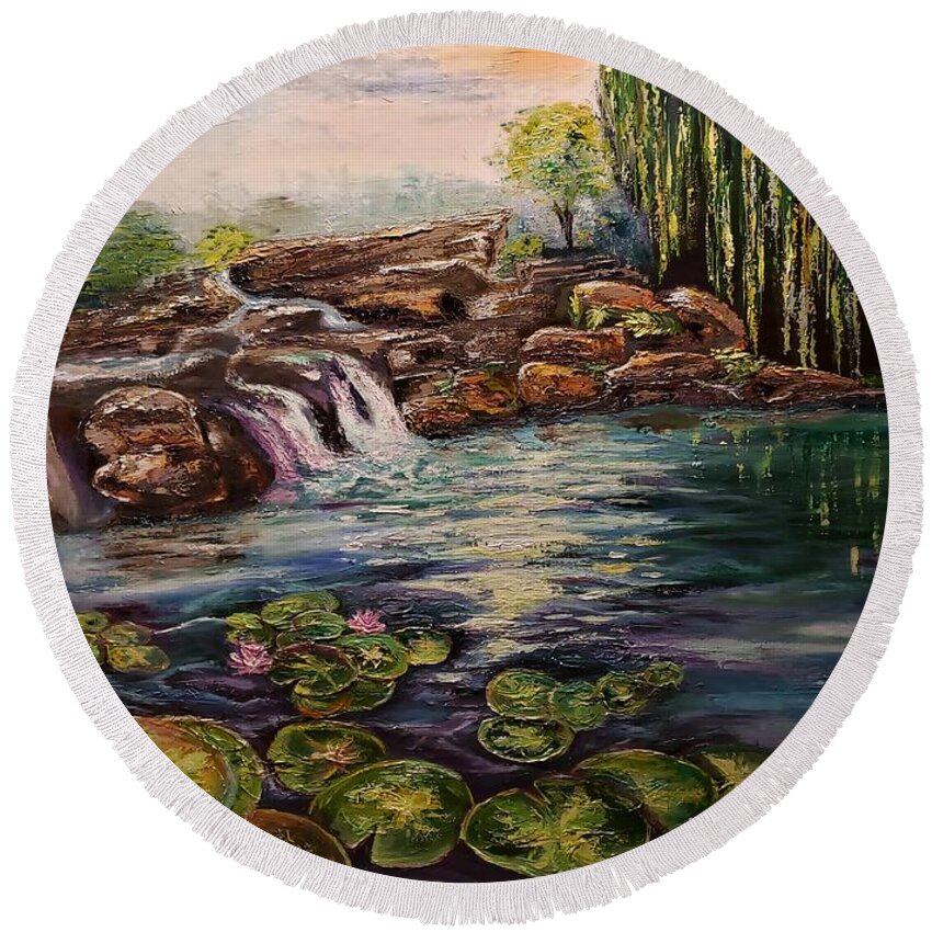 Lily Round Beach Towel featuring the painting Lily pad pond by Sunel De Lange