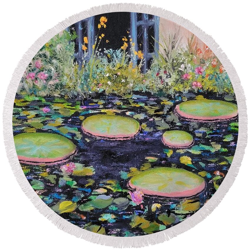 Lily Pads Round Beach Towel featuring the painting Lily Pads by Judith Rhue