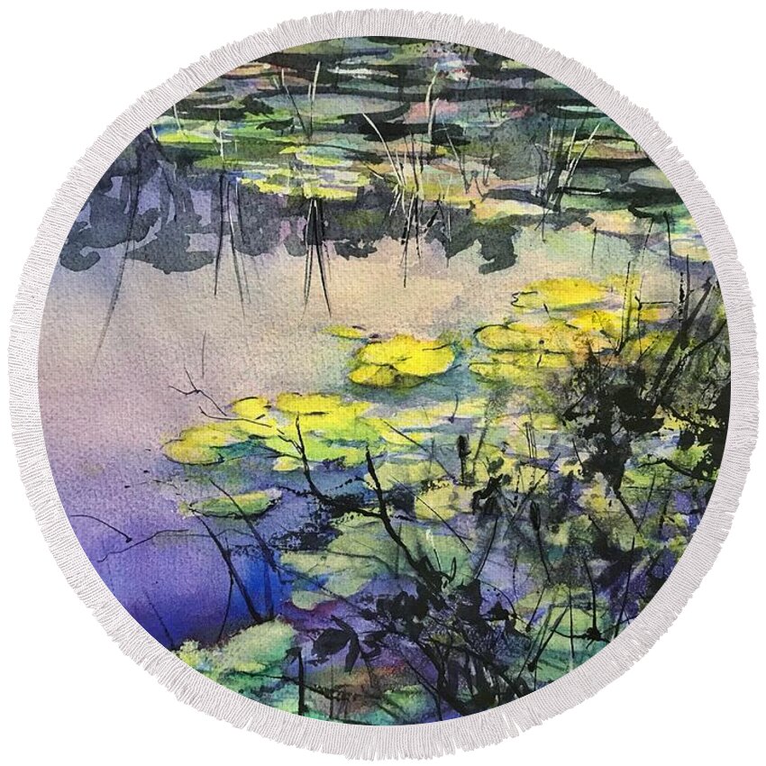 Lily Pads Round Beach Towel featuring the painting Lily pads painting by Chris Hobel