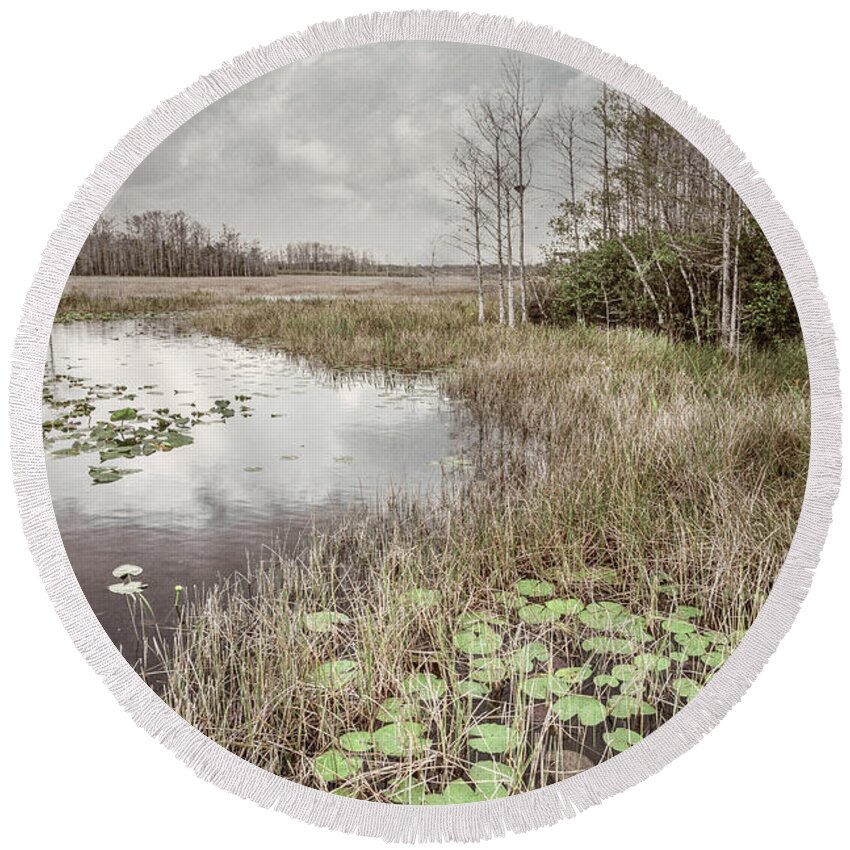 Clouds Round Beach Towel featuring the photograph Lily Pads Under the Soft Clouds by Debra and Dave Vanderlaan