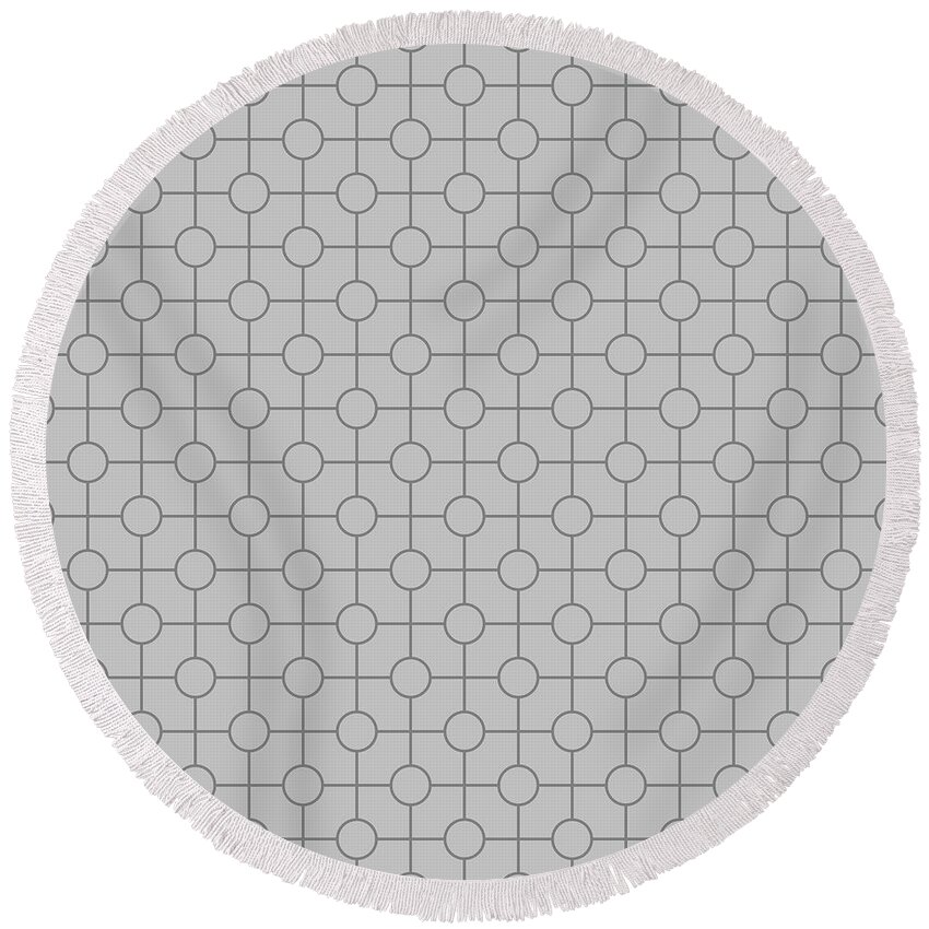 Pattern Round Beach Towel featuring the painting Line Grid With Circle Dots Pattern in Silver Sand And Granite Gray n.2431 by Holy Rock Design