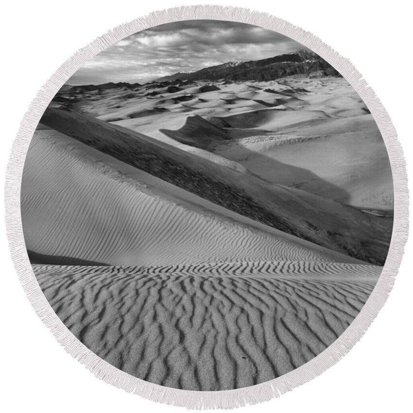 Great Round Beach Towel featuring the photograph Lines On The Colorado Sand Dune Ridge Black And White by Adam Jewell