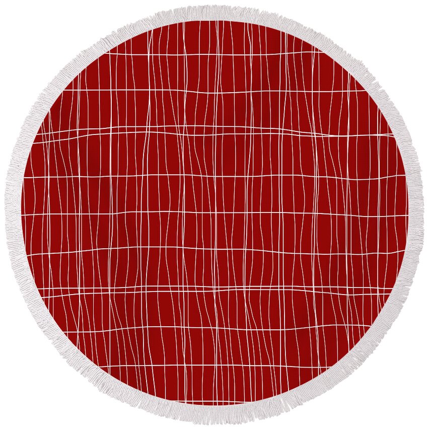 Lines Pattern Modern Design Round Beach Towel featuring the digital art Lines Pattern Modern Design - Red and White by Patricia Awapara