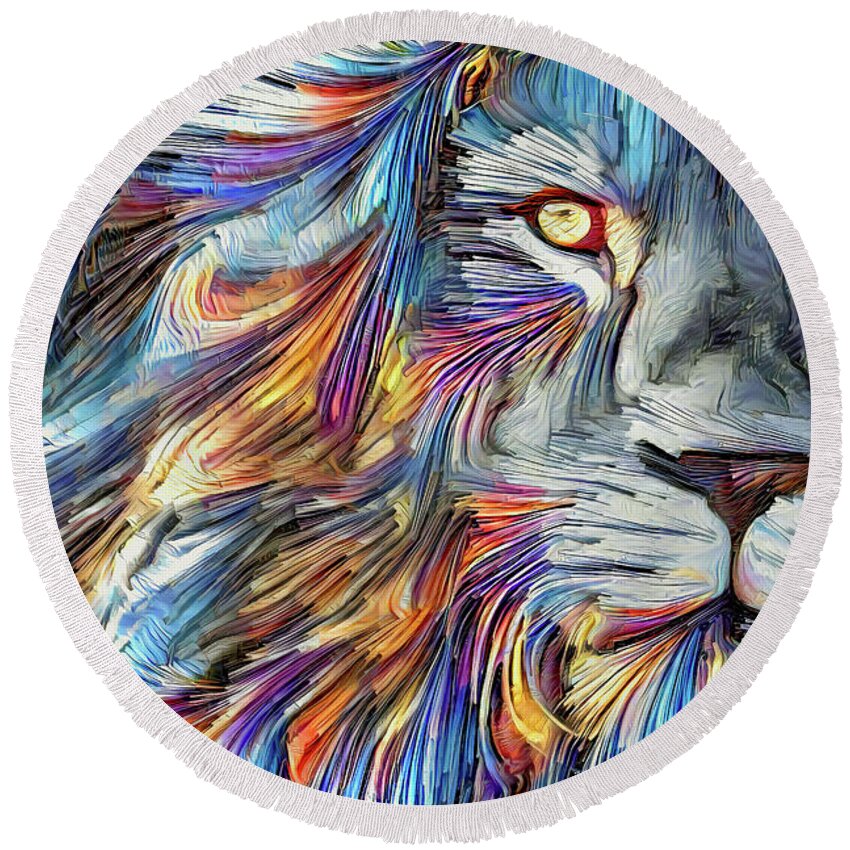 Lion Round Beach Towel featuring the digital art Lion - King of the Colors by Dave Lee