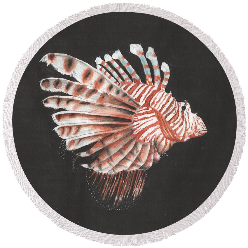 Lionfish Round Beach Towel featuring the painting Lionfish by Bob Labno