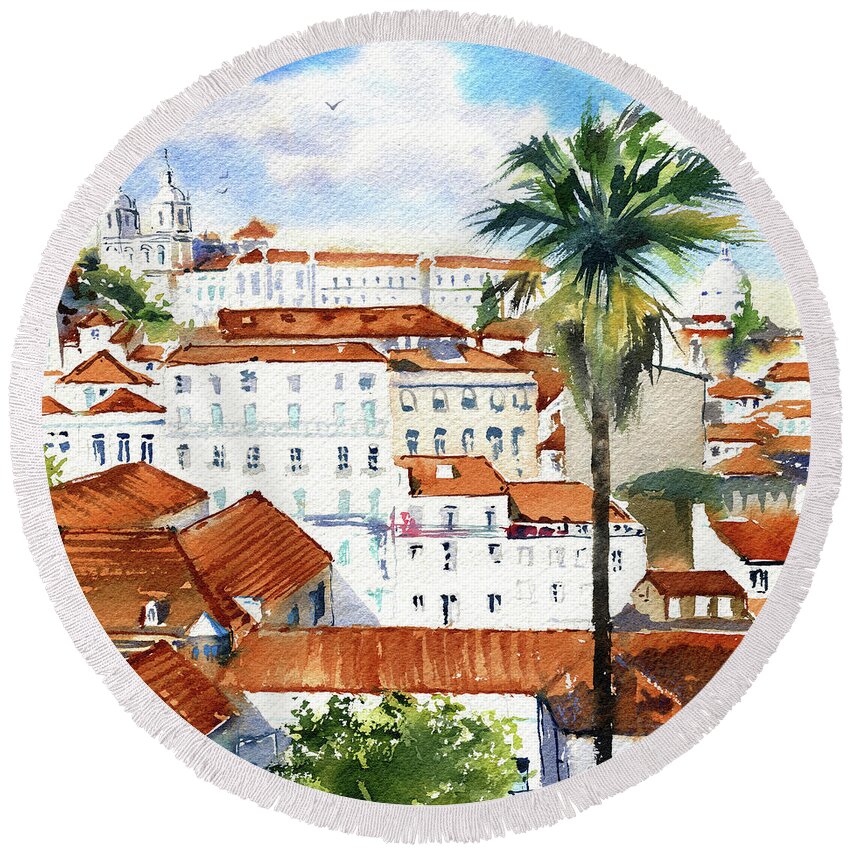 Portugal Round Beach Towel featuring the painting Lisbon Alfama View Painting by Dora Hathazi Mendes