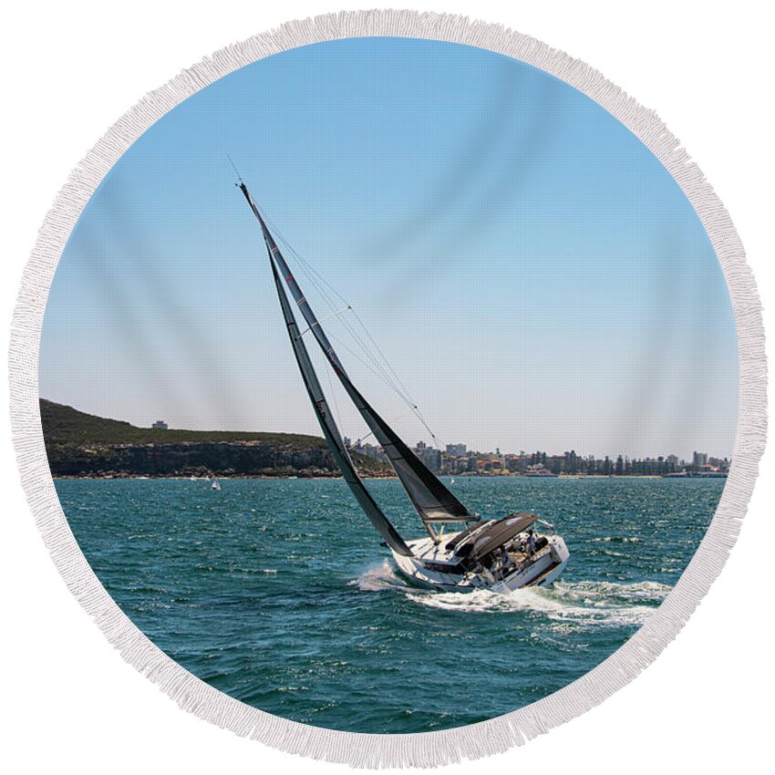 Sydney Round Beach Towel featuring the photograph Listing Sailboat in Sydney Harbour by Bob Phillips