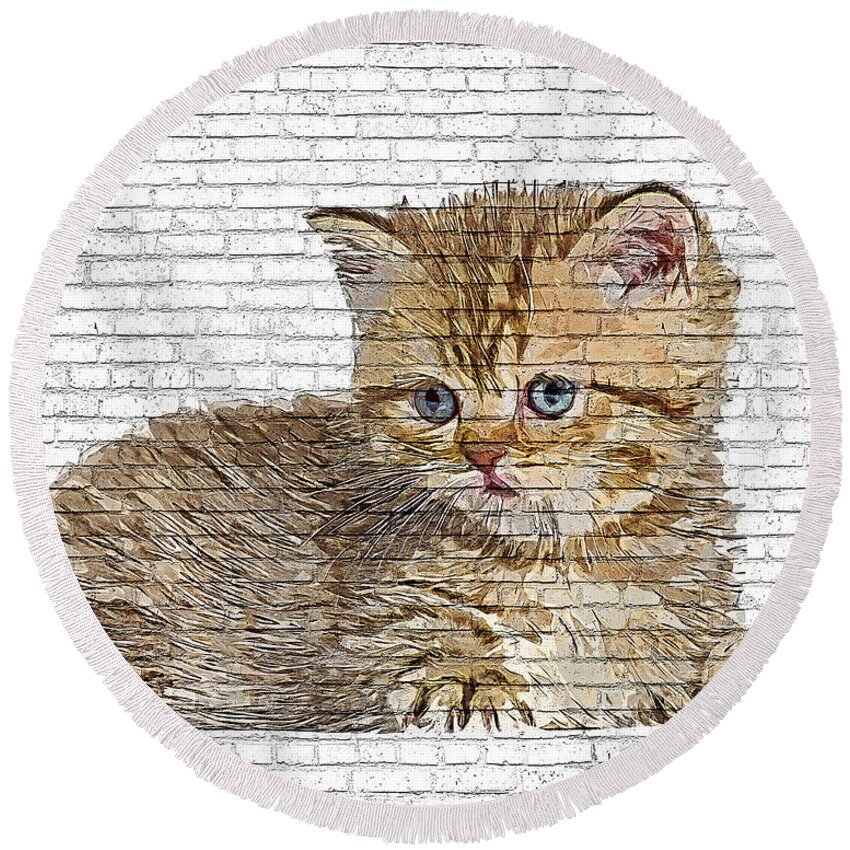 British Shorthair Round Beach Towel featuring the painting Little Angel, British Shorthair Kitten Cat - Brick Block Background by Custom Pet Portrait Art Studio