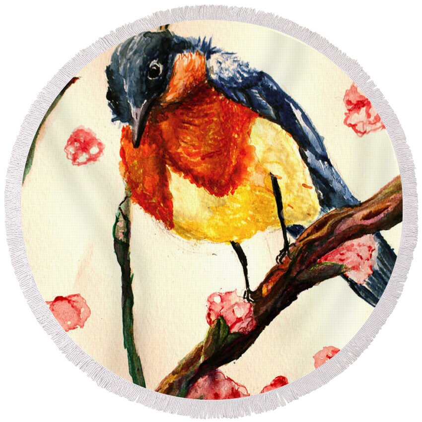 Watercolor Round Beach Towel featuring the painting Little Bird 5 by Medea Ioseliani