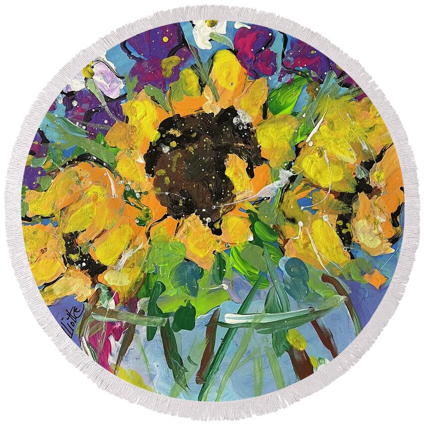 Sunflowers Round Beach Towel featuring the painting Little bowl of Sunshine by Elaine Elliott