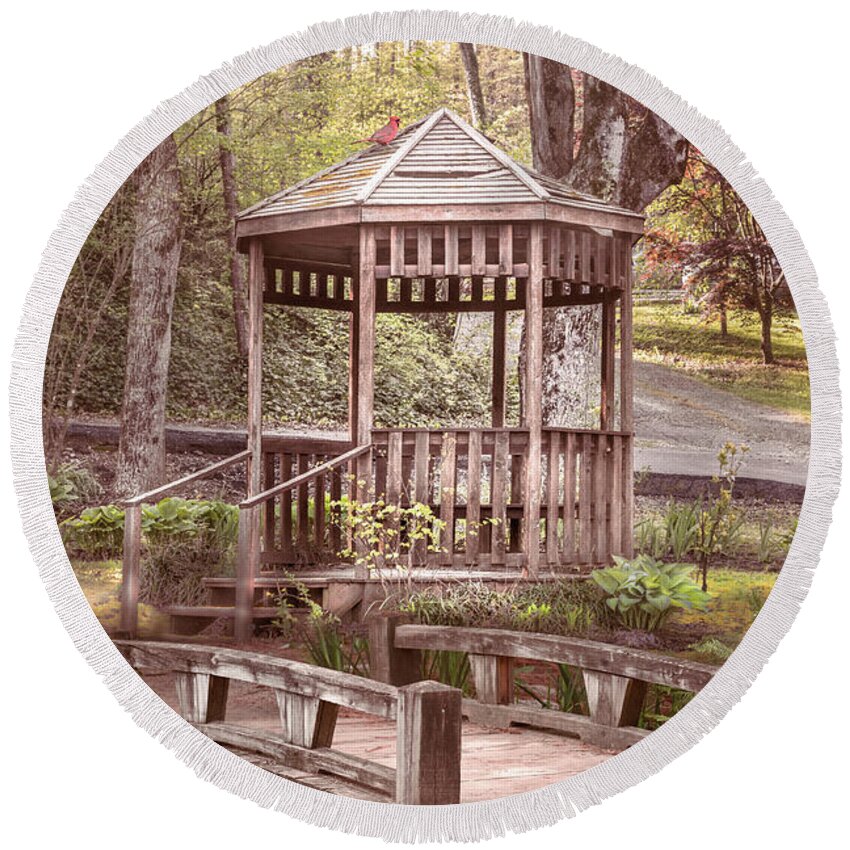 Barns Round Beach Towel featuring the photograph Little Bridge at the Country Garden Gazebo by Debra and Dave Vanderlaan