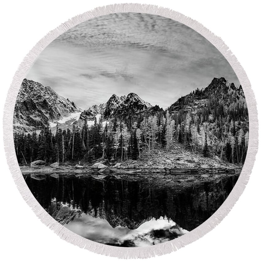 Black Round Beach Towel featuring the photograph Little Colchuck Lake Black and White by Pelo Blanco Photo