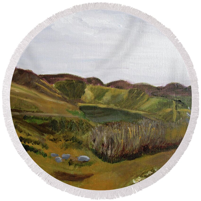 Utah Round Beach Towel featuring the painting Little Dell Reservoir by Linda Feinberg