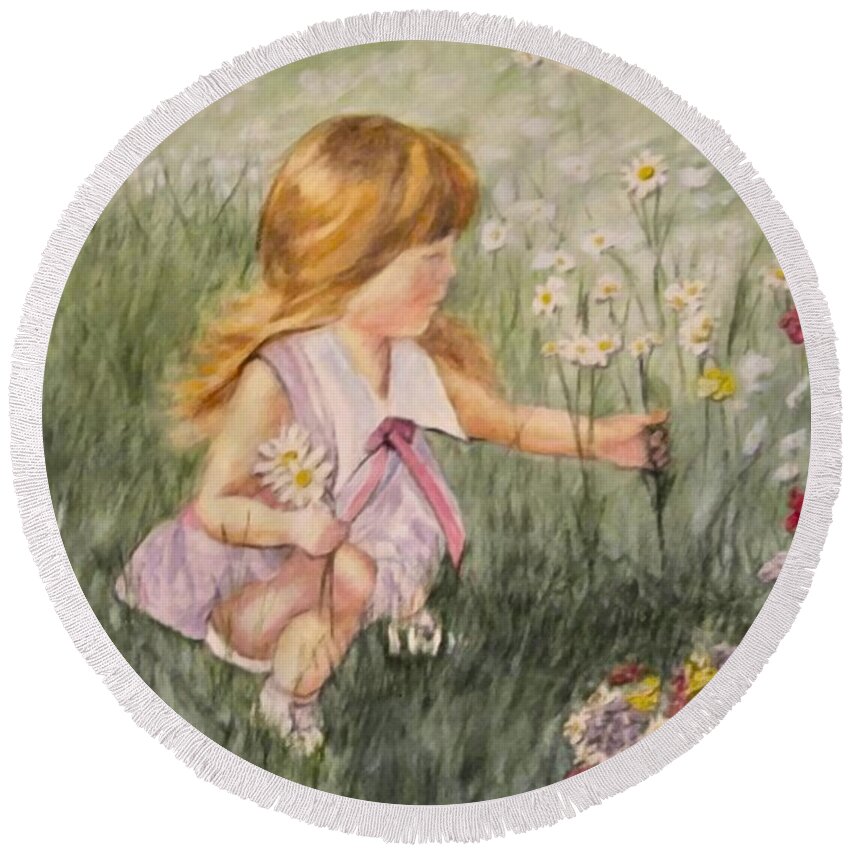 Little Girl Painting Round Beach Towel featuring the mixed media Little Girl Picking Flowers by Kelly Mills