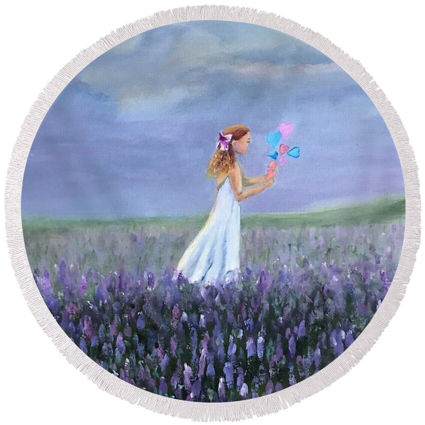 Girl Round Beach Towel featuring the painting Little Girls, Hearts and Flowers by Deborah Naves