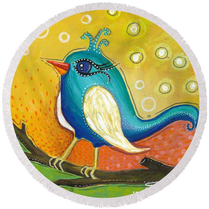 Jay Bird Round Beach Towel featuring the painting Little Jay Bird by Tanielle Childers