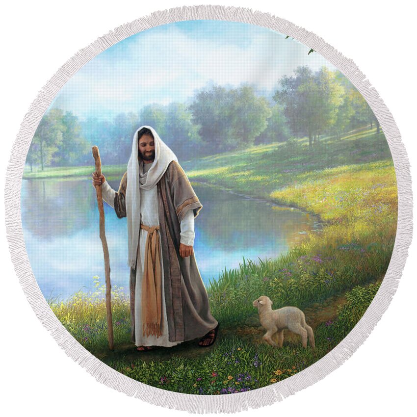 Jesus Round Beach Towel featuring the painting Little Lamb by Greg Olsen