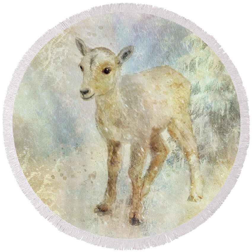 Animals Round Beach Towel featuring the digital art Little Lamb In The Snow by Lois Bryan