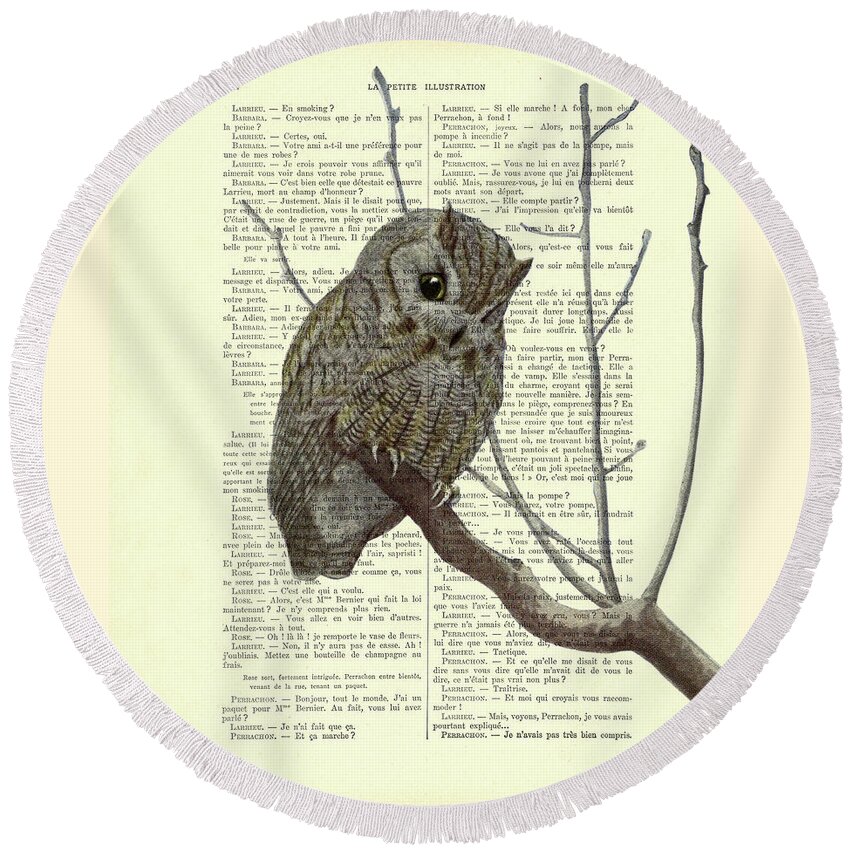 Owl Round Beach Towel featuring the digital art Little owl on a branch by Madame Memento