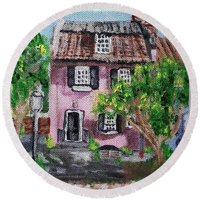 Pink Round Beach Towel featuring the painting Little Pink House by Amy Kuenzie
