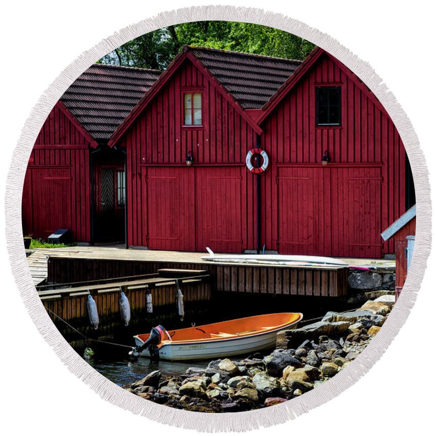 Barns Round Beach Towel featuring the photograph Little Red Fishing Huts by Debra and Dave Vanderlaan