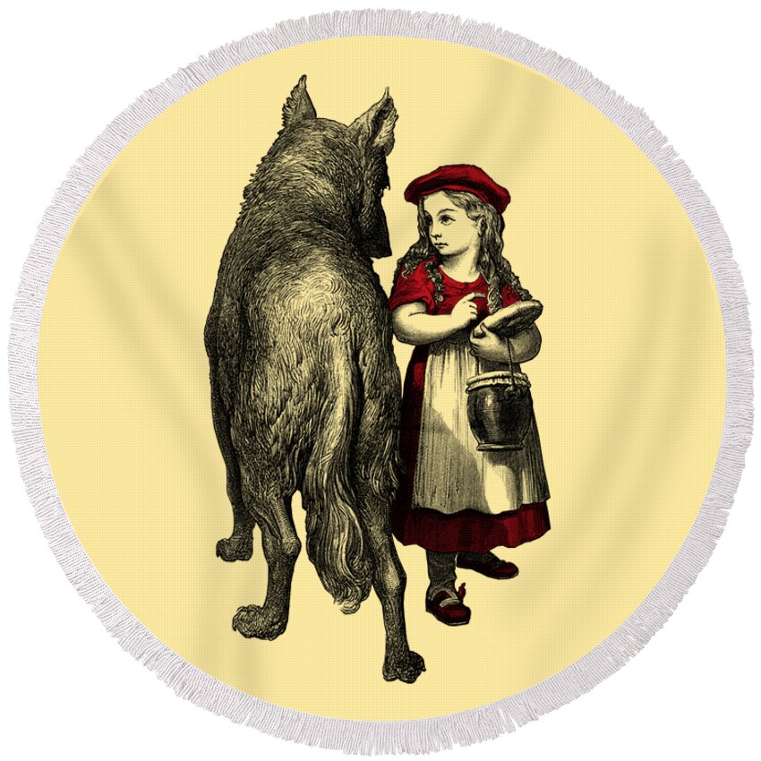 Little Red Riding Hood Round Beach Towel featuring the digital art Little Red Riding Hood and the Wolf by Madame Memento