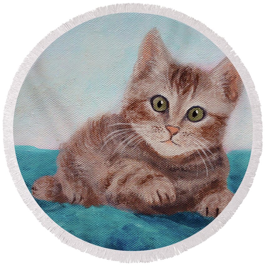 Cute Round Beach Towel featuring the painting Little Tabby Cat Painting, a Cute Kitty Lying on a Blue Blanket by Aneta Soukalova