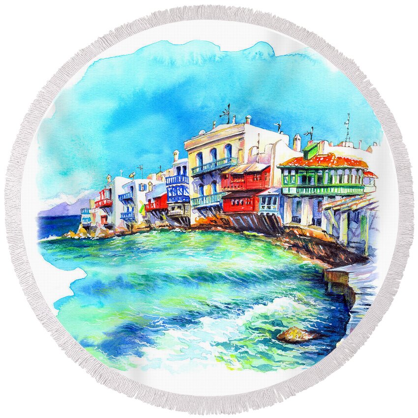 Little Venice Round Beach Towel featuring the painting Little Venice on Island Mykonos by Miki De Goodaboom
