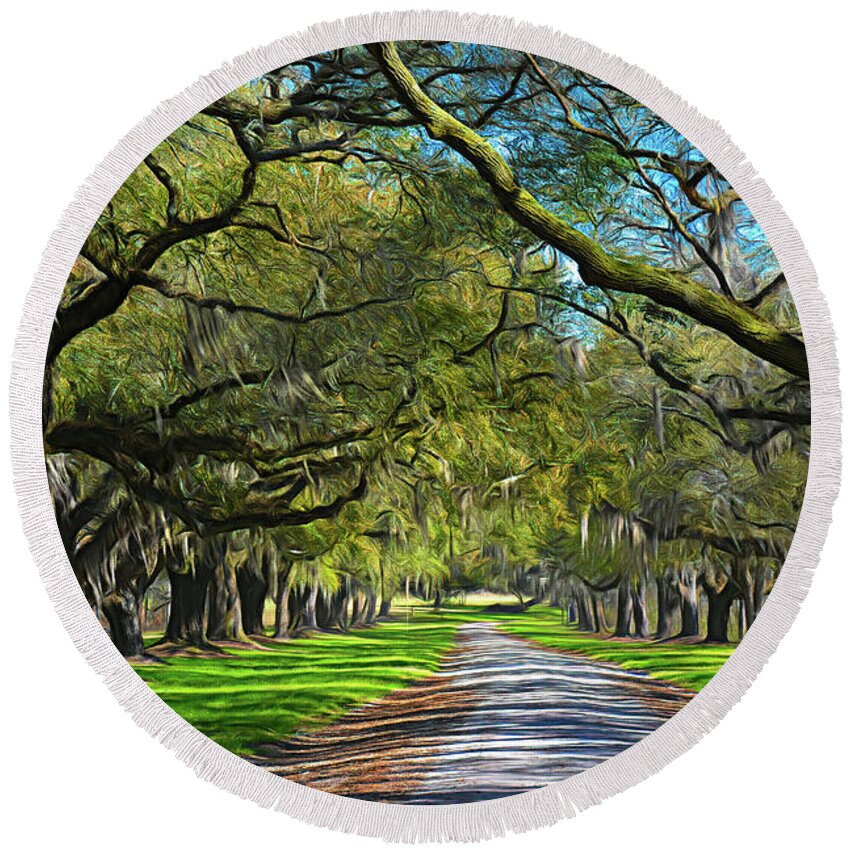 Oak Trees Round Beach Towel featuring the photograph Live Oak Tree Road by Jerry Griffin