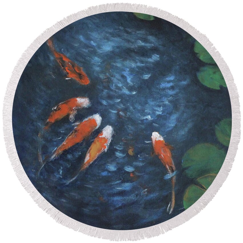 Koi Round Beach Towel featuring the painting Living Jewel Koi and Lily Pad by Jane See