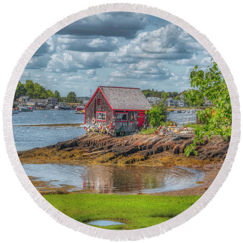 Harpswell Maine Round Beach Towel featuring the photograph Lobster Shack in Mackerel Cove by Penny Polakoff