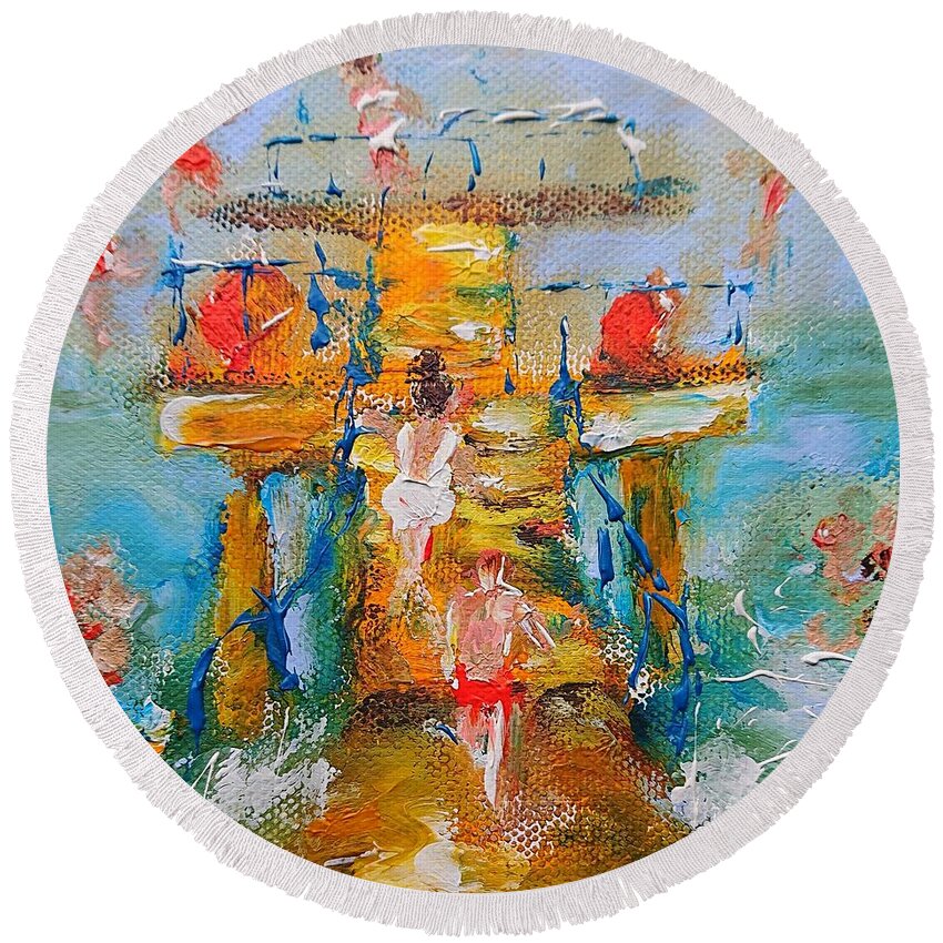 Galwayart Round Beach Towel featuring the painting Painting of Blackrock Galway Ireland #1 by Mary Cahalan Lee - aka PIXI