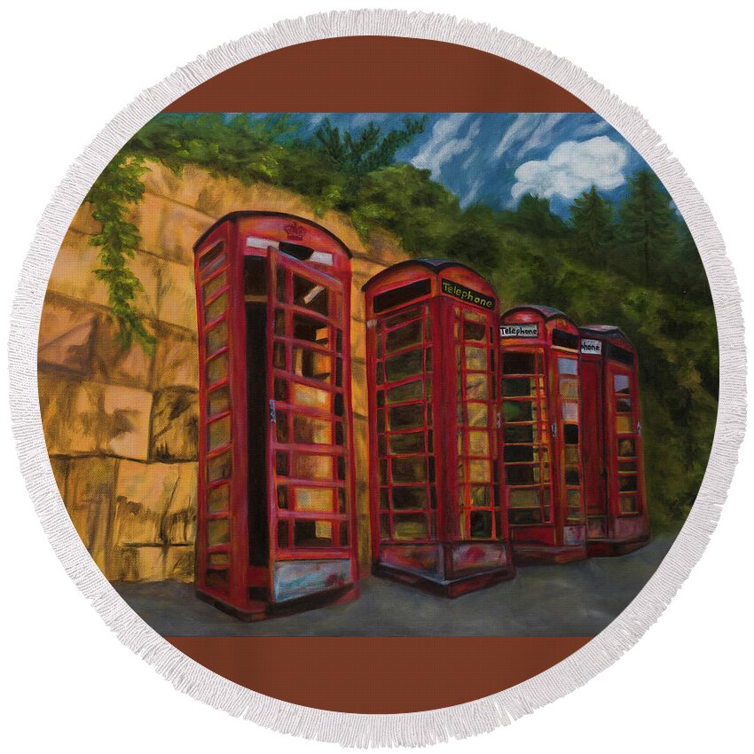 Art Round Beach Towel featuring the painting London Phone Booths by Tammy Pool