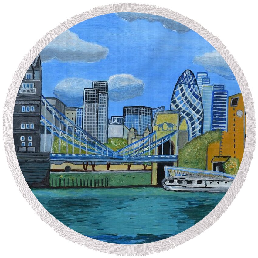 London Skyline Painting Poster Birthday Mum Photo Gallery Dad Holiday Summer Vacation Rentals Bridge Capital Card Puzzle Game Photos Landscape Design Artwork Blue Sea Water Globe London Bridge Boat Round Beach Towel featuring the painting London Skyline by Magdalena Frohnsdorff