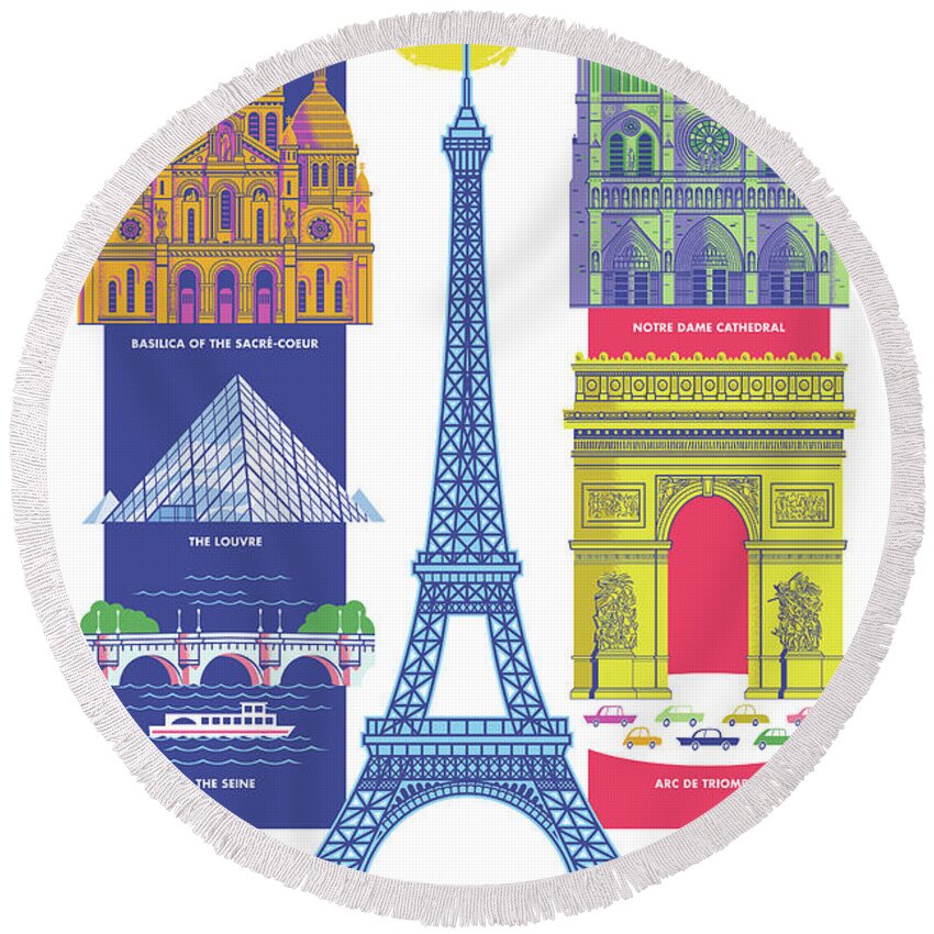 #faatoppicks Round Beach Towel featuring the digital art Paris - Retro Travel Poster by Jim Zahniser